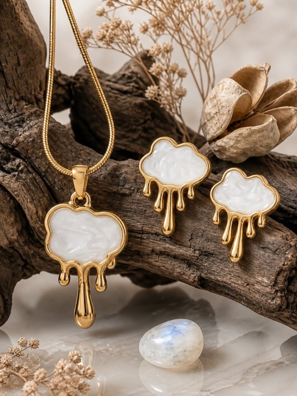 18K Gold Plated SS Surrealist Drip Art Melting Cloud Enamel Necklace Earring Set